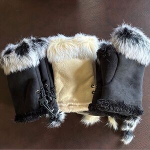 Fingerless suede Faux Fur Trimmed Gloves, 3pr